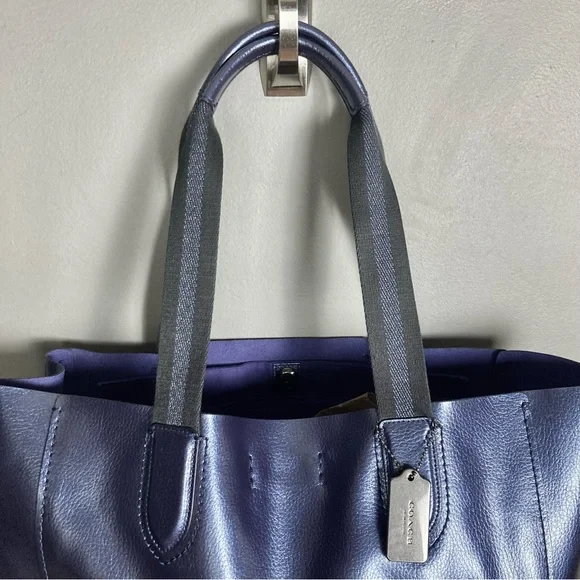 Coach Tote Metallic Blue Leather Derby racer stripe handles top